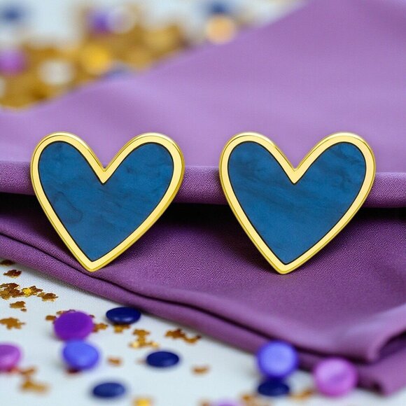 Royal Blue Enamel Heart Stud Earrings Gold Tone Statement Cute Gift for Girls - Picture 10 of 12